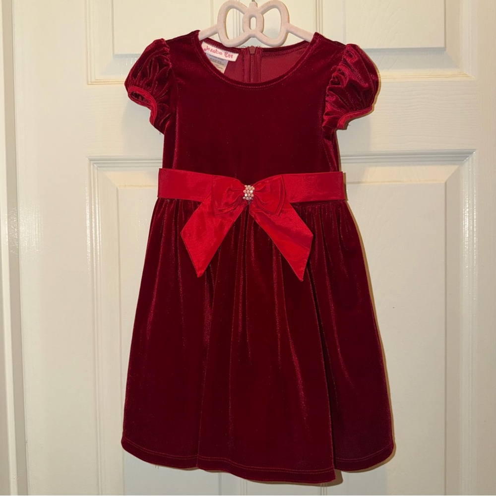 Jessica Ann Red Velvet Short Sleeve Satin Pearl Bow Sash Formal Winter Dress 3T